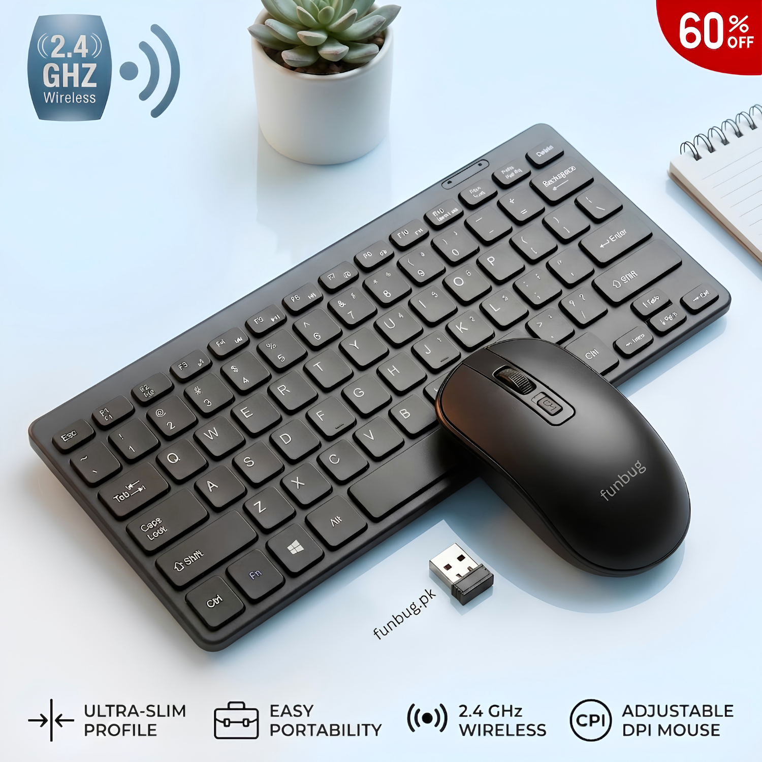Mini Wireless Keyboard and Mouse Combo | Ultra-Slim Portable 2.4GHz Mini Keyboard & 1600 DPI Adjustable Mouse Set for Laptop, Mobile, PC & Smart TV | Silent Typing - 10M Range - Matte Black - By FunBug