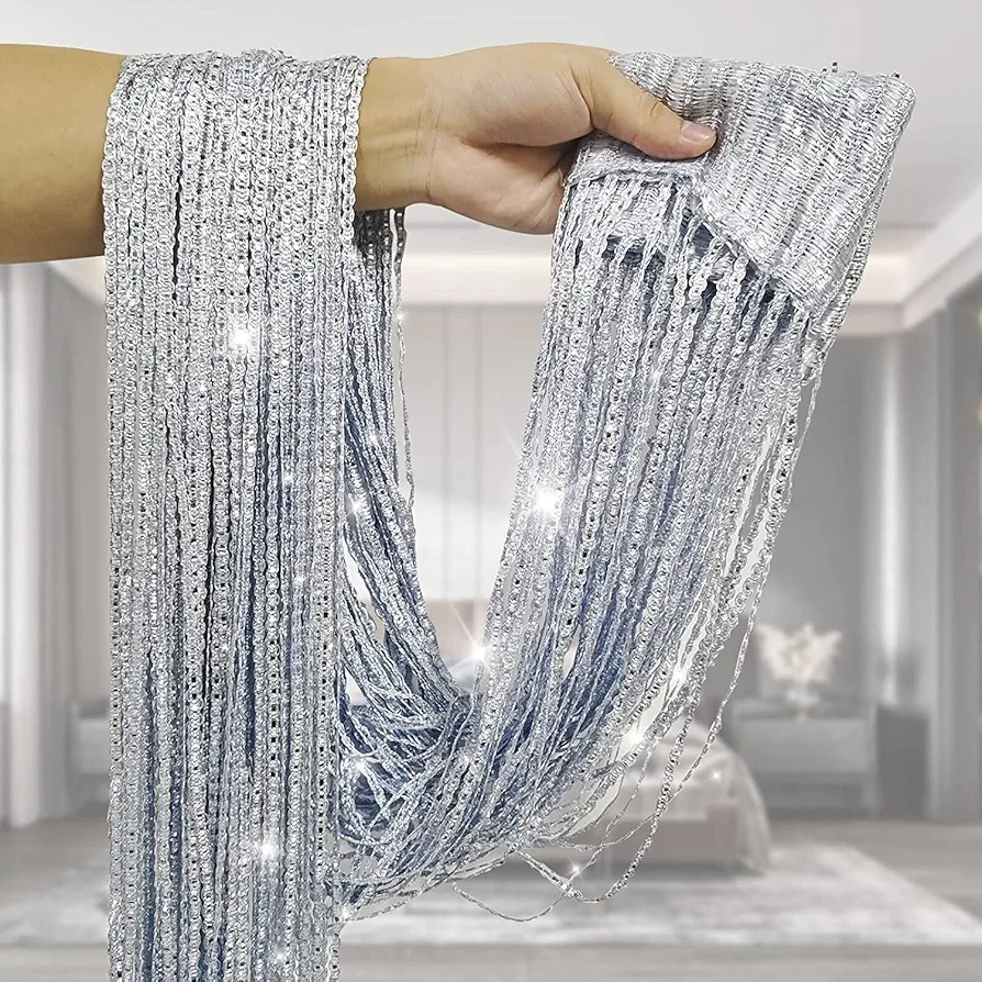  Drawing Room-Tassel Beads Sparkle String Net 2 Color Curtain Door Fly Screen Windows Door Divider  Door Window Screens Home Textil-Silver
