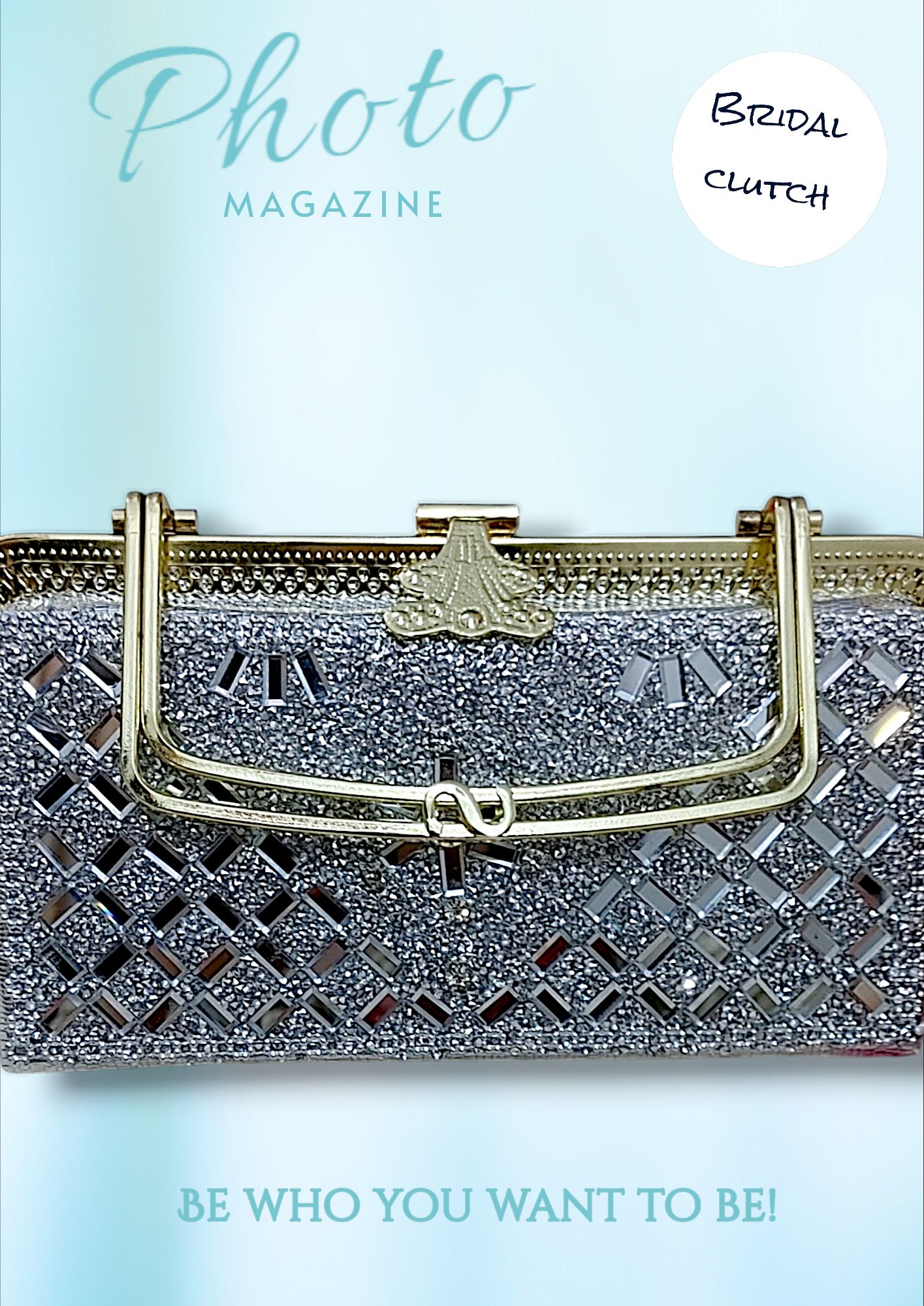 Glittery Silver Lattice Design Bridal & Party Clutch – Elegant Evening Bag with Golden Accent for Women and Girls