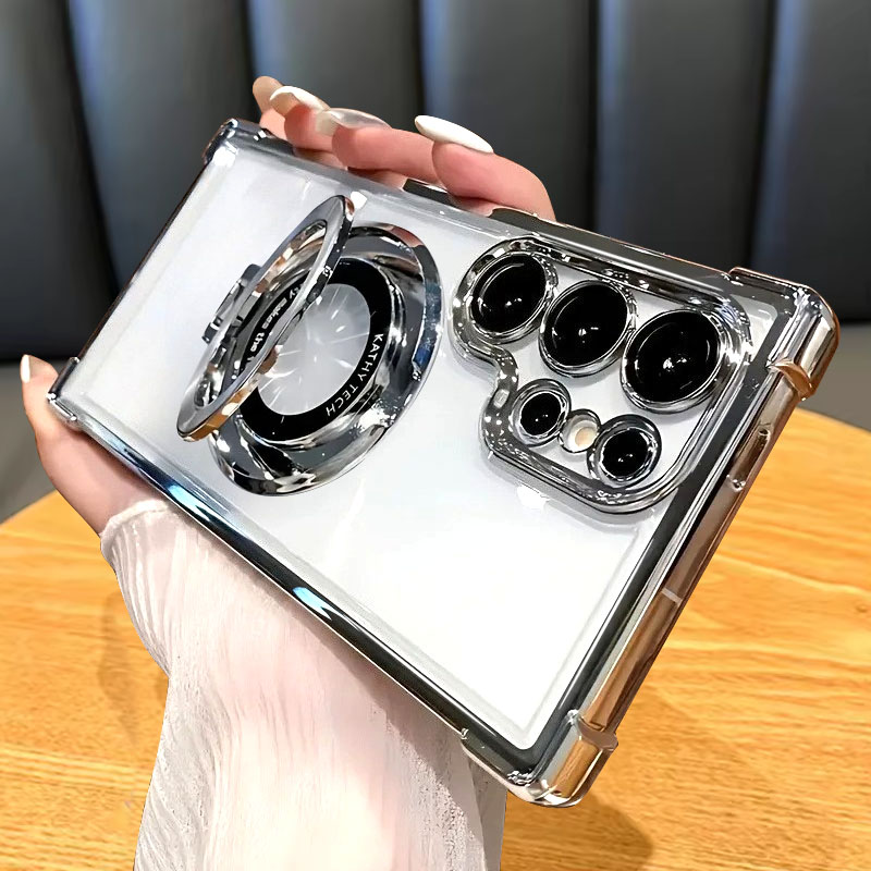 Luxury Magnetic Plating Stand Shockproof Clear Case For   S26 S25 S24 S23 S22 S21 Ultra Plus FE Acrylic Back Cover