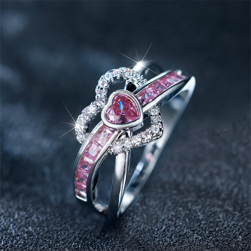Cute Female Pink Zircon Stone Ring Trendy Silver Color Heart Engagement Rings For Women Bride Wedding Jewelry 