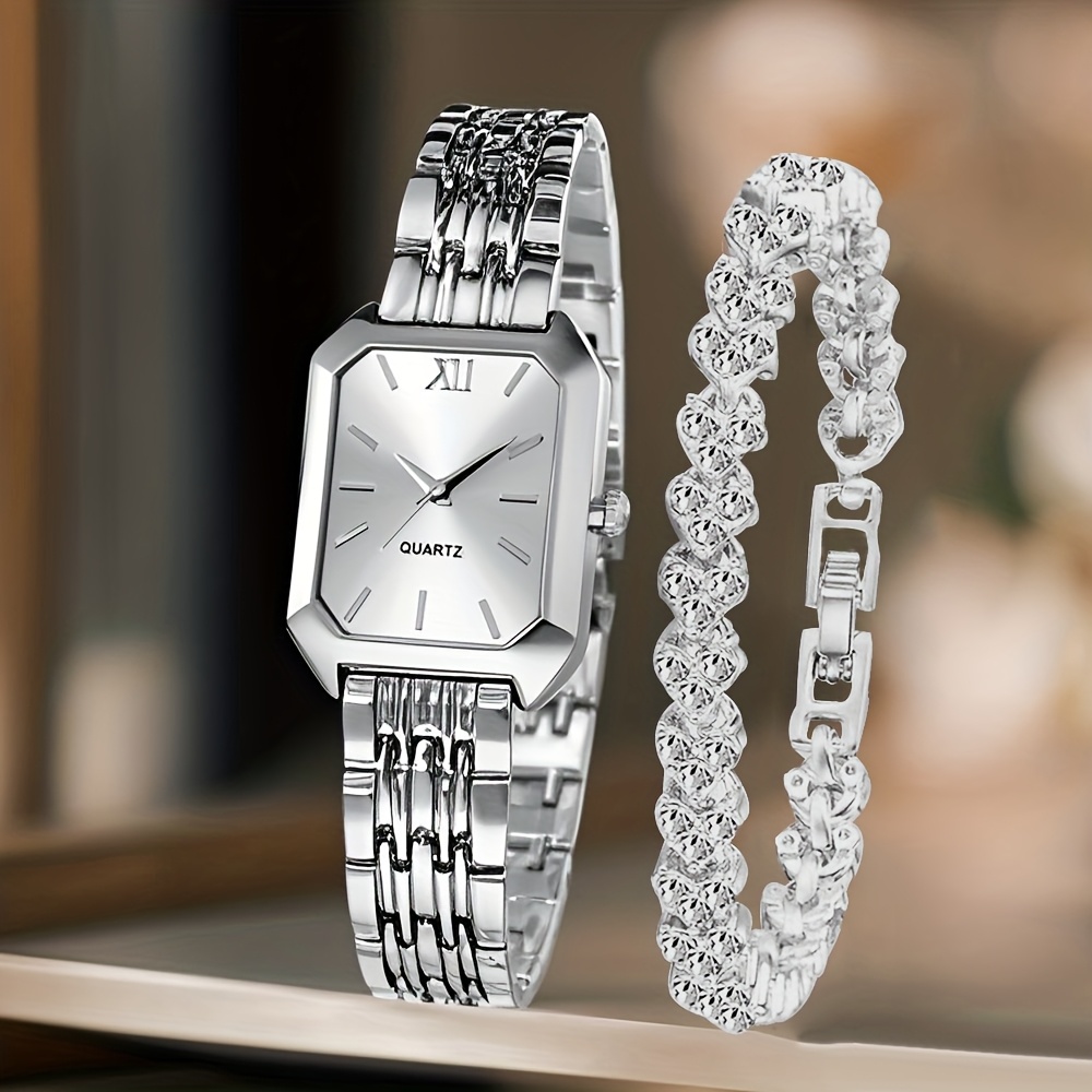 2PCS Fashion Rectangle Women Quartz Watch Rhinestone Bracelet Set Roma Dial Ladies Wristwatches Girls Clock Reloj Mujer