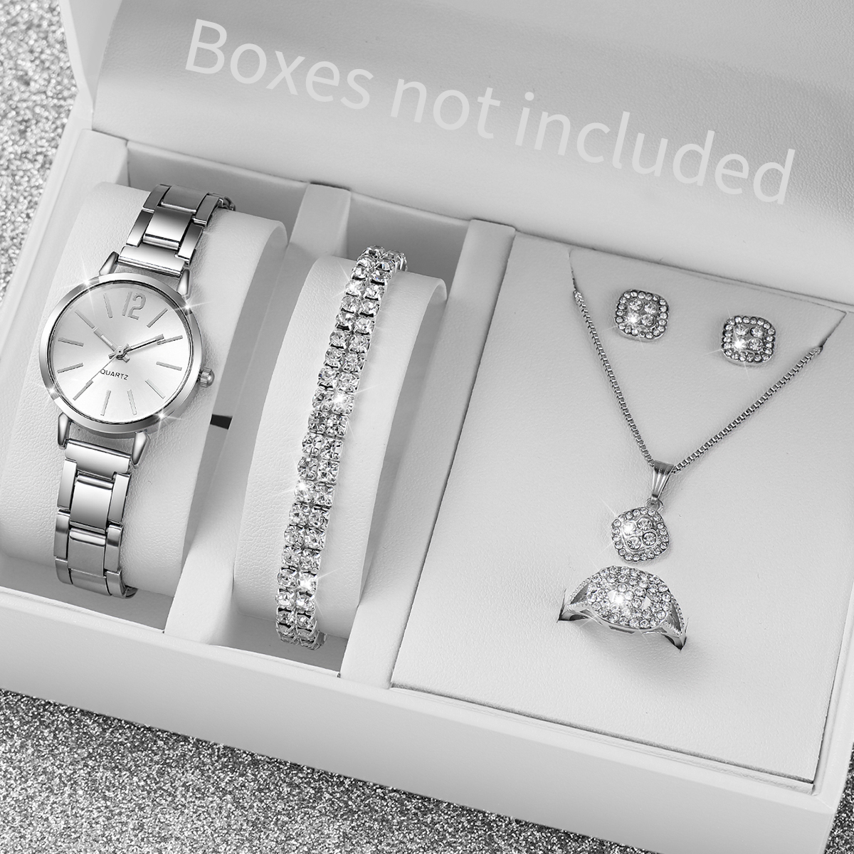 6PCS/Set Fashion Women's Quartz Watch Stainless Steel Band Wrist Watches Diamond Jewelry Set(Without Box)