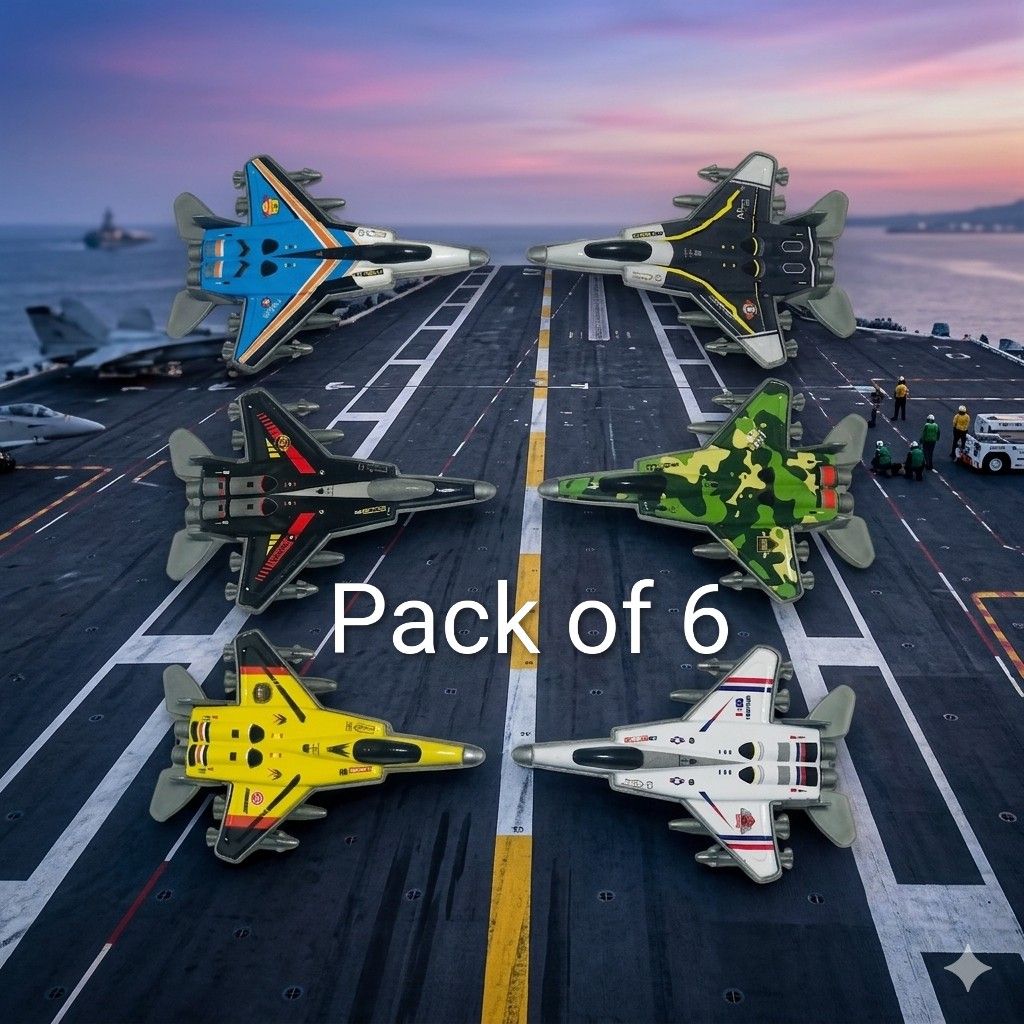 Pack of 6 Diecast Metal Fighter Jets Toy Set - High Quality Friction Powered Pull Back Aeroplanes for Kids - Miniature Military Aircraft Model Collection