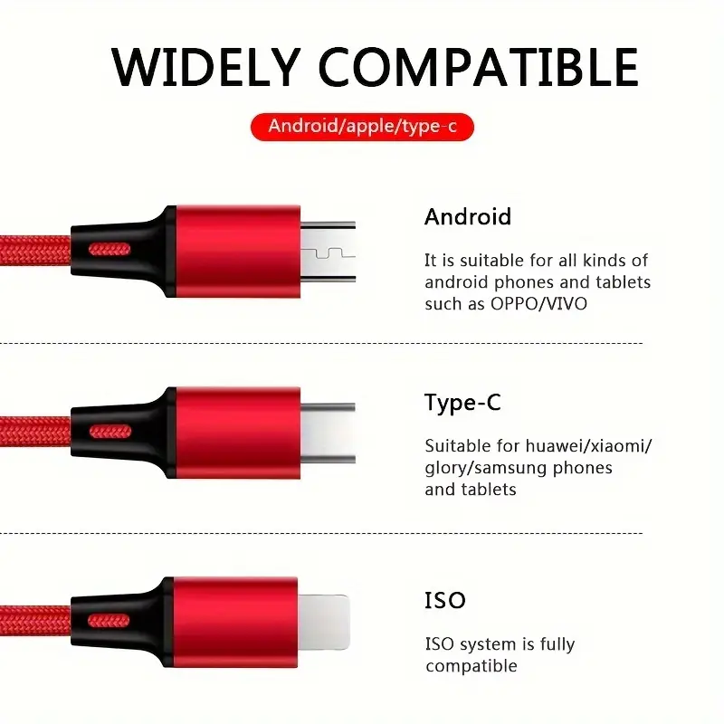 Multi-function Charging Cable 1.2M Charging Cable Nylon Braided Fast Charging Universal 3-in-1 Charging Cable Adapter For IP/Type-C/Micro-USB Ports, Compatible With Mobile Phones, Tablets