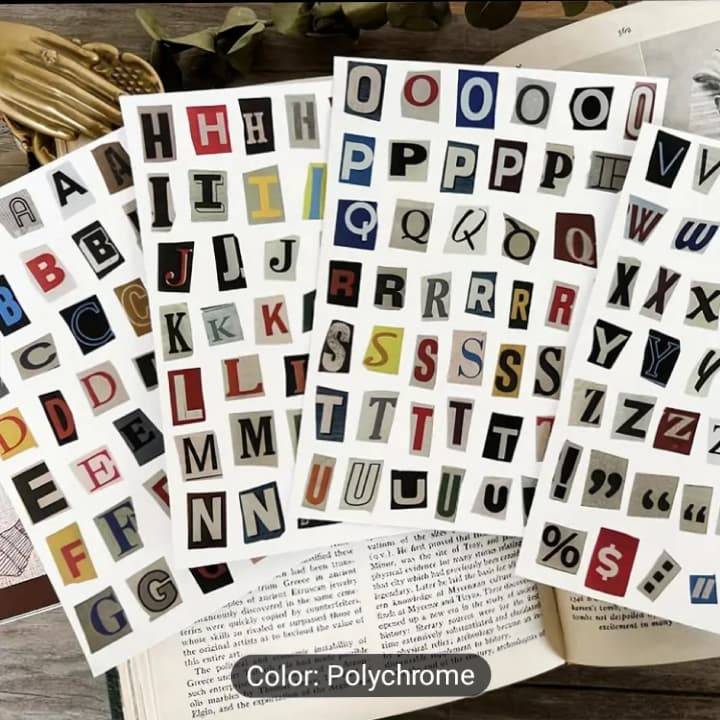 4 Sheets Uncut English Alphabet Number Symbol Stickers Pack Vintage Scrapbook Stickers Aesthetic Journaling Sticker Letters Junk Journal Scrapbook Supplies Kit Letter Stickers for Scrapbooking