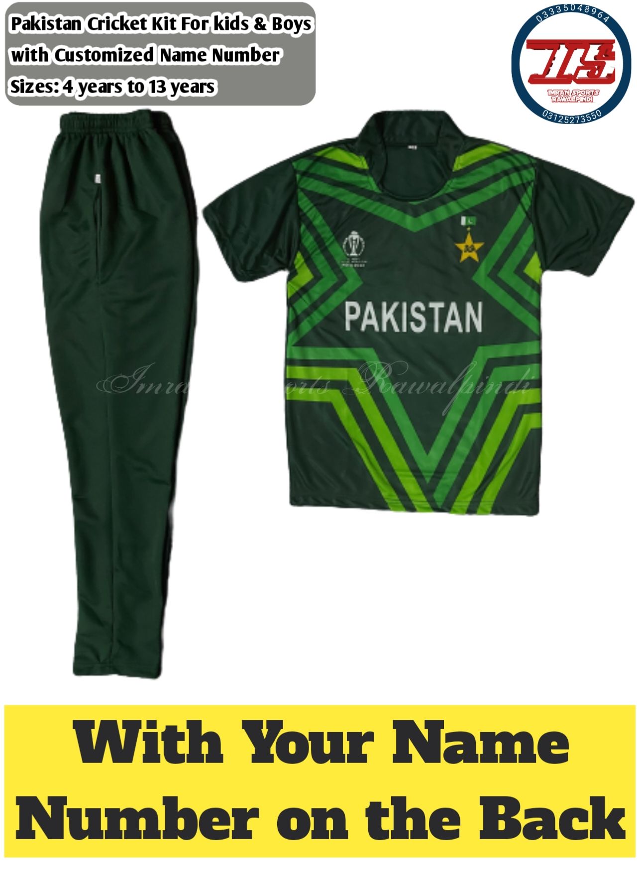 Pakistan Team Dress with Customized Name Number For Kids Boys