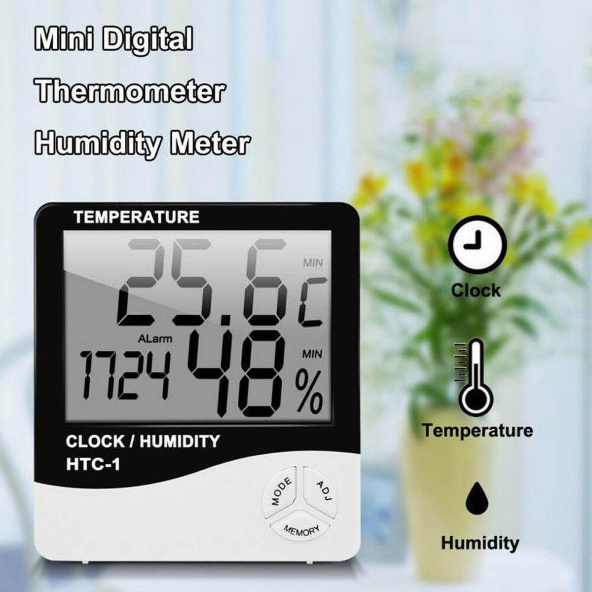 HTC-1 Digital Temperature & Humidity Meter | LCD Thermometer Hygrometer | Indoor Room Temperature Monitor | Clock, Alarm & Calendar Display