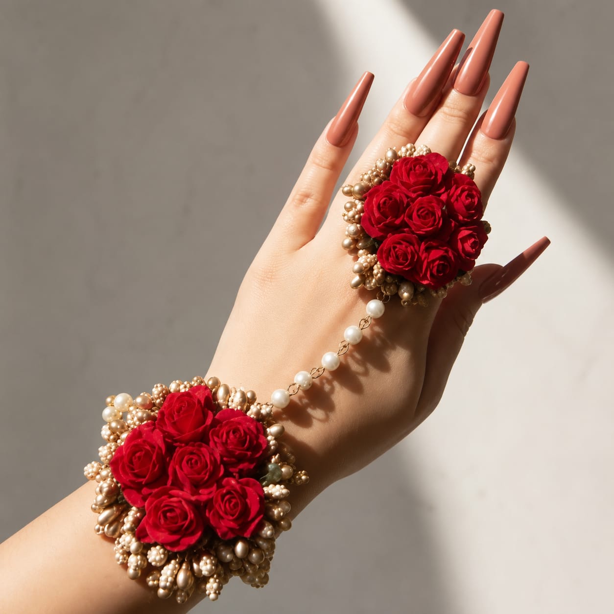 Artificial Flower Gajra Bracelet with Ring | Adjustable Gajra Bracelet for Girls | Stylish Anja with Hand Chain | Engagement Bride Bracelet | Fashion Accessory Gift for Girls