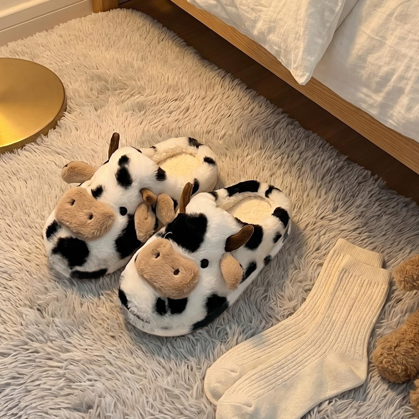 A Pair of Cute Cartoon 3D Cow Plush Slippers for Women, Comfortable Fluffy Home Slippers with Soft Soles for the Bedroom, Cute 3D Milk-Themed Warm Non-Slip Indoor Slippers, Lightweight and Silent Comfortable Shoes for Women, a Top Choice for Holiday 