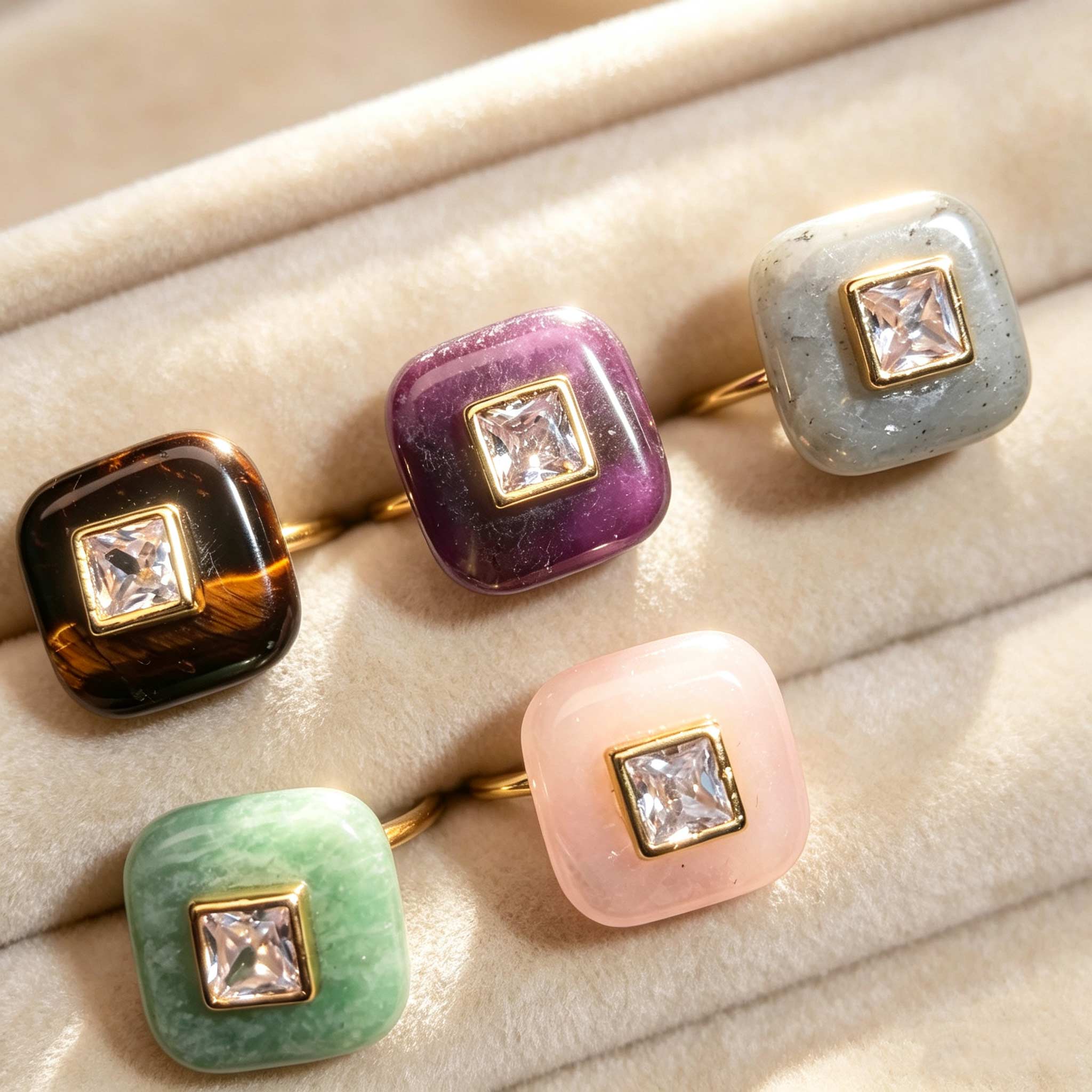 1pc Natural Square Stone Ring With Zircon Paved Fine Handmade Ring Crafts Jewelry Accessory For Women