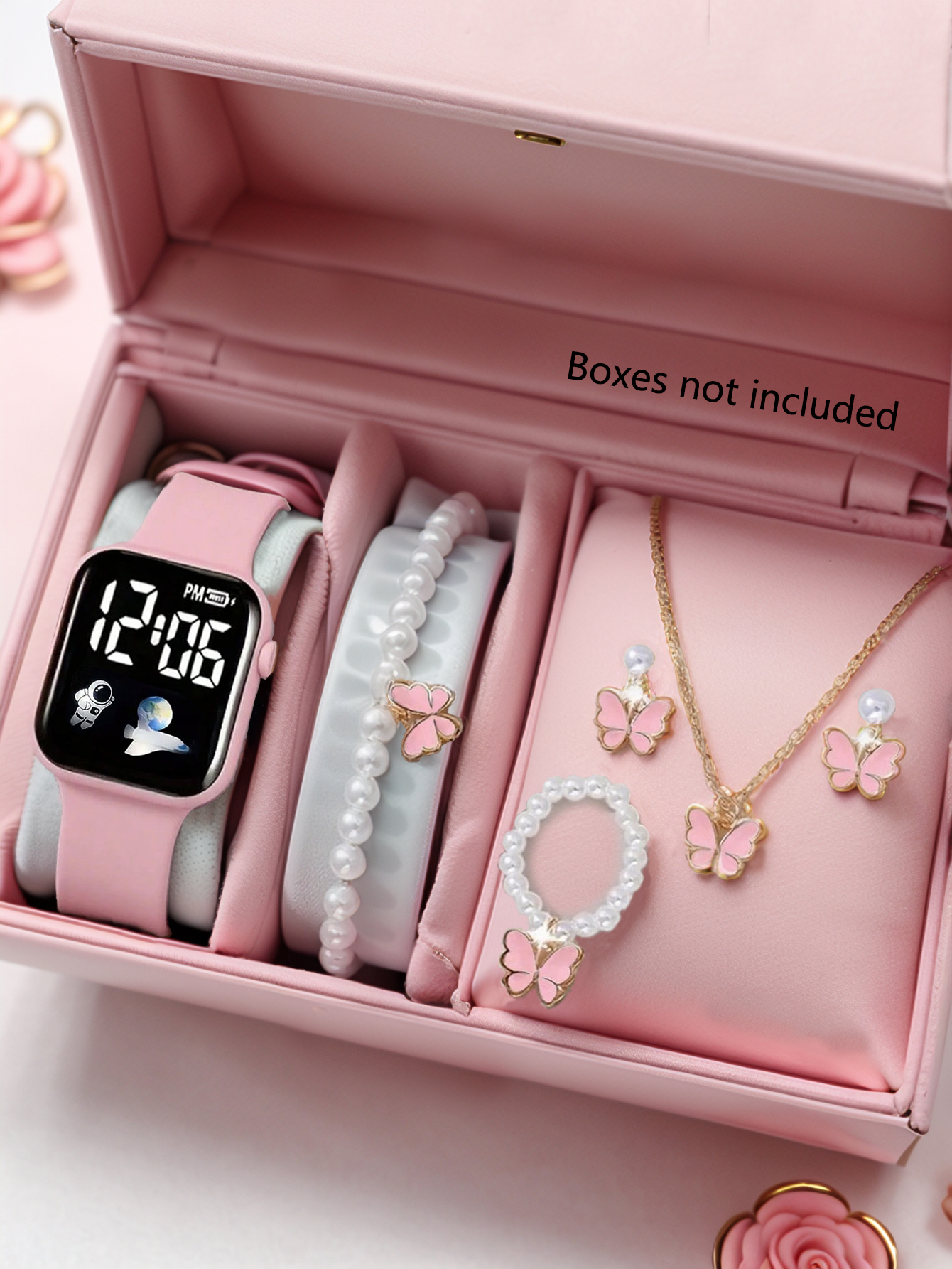 Square Electronic Watch Set with Beaded Butterfly Design and Spaceship Pattern Non-smartwatch Birthday  Without Box
