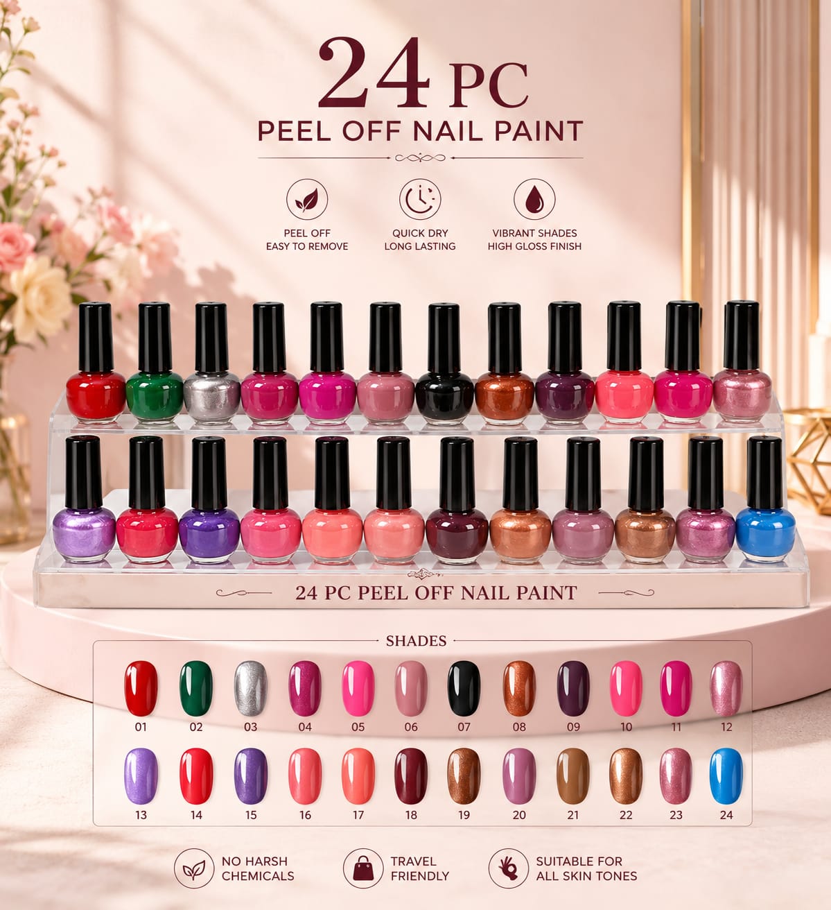 24 Pcs Peel Off Nail Polish Set | Quick Dry Long Lasting Nail Paint | High Gloss Vibrant Shades | No Remover Needed | For Girls & Women`