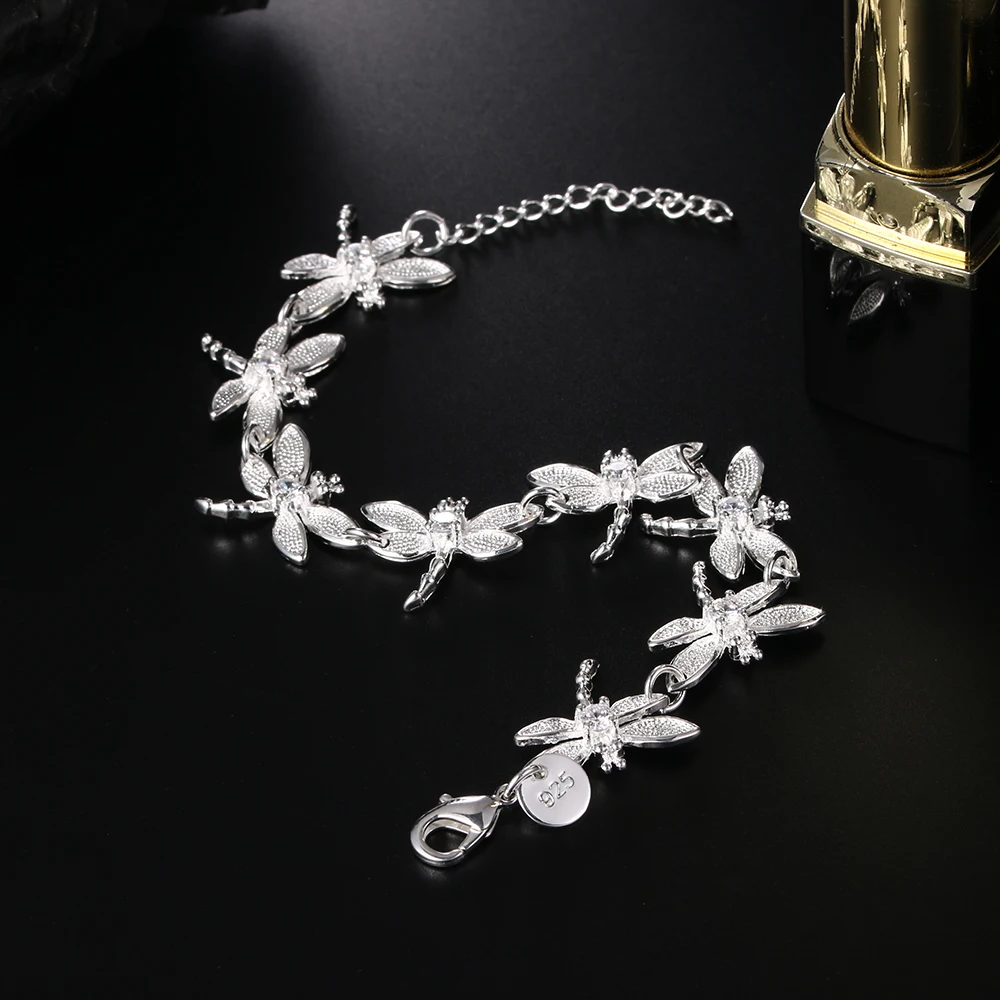 Hot 925 Sterling Silver Crystal Dragonfly Chain Bracelets for Woman Men Classic Wedding Party Christmas  Fashion Jewelry