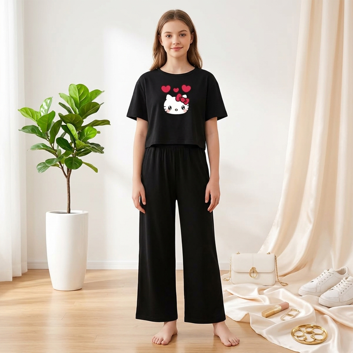 MK Garments Casual Suits for Girls Summer Cotton Blend Casual Style Kitty Printed Crop T-Shirt with Palazzo Available in Multiple Colors price in Pakistan
