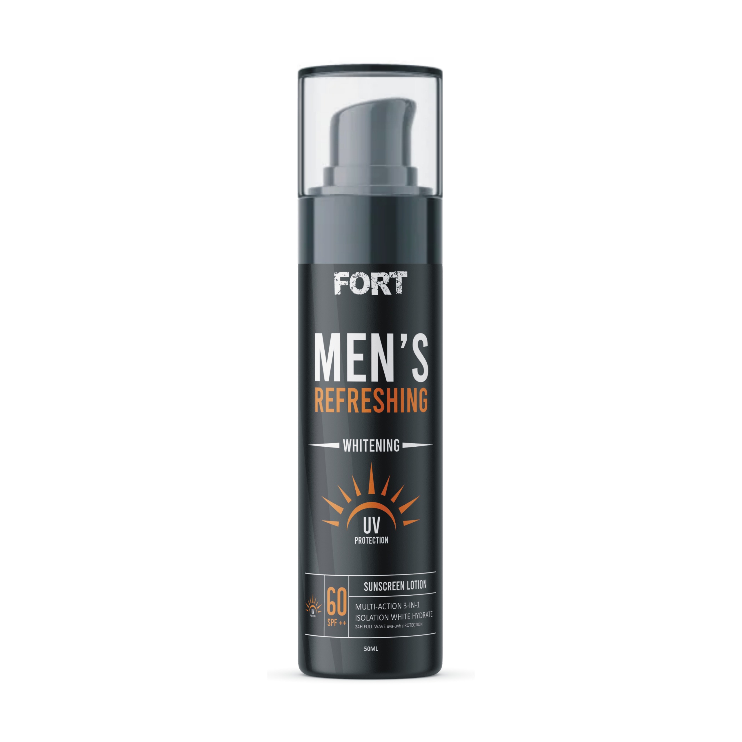 FORT Men Refreshing Whitening Sunscreen Lotion SPF 60 | Broad Spectrum UVA UVB Protection | Lightweight Non Greasy Formula | 50ml