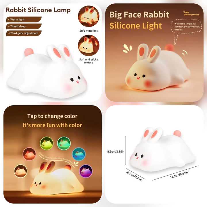 Silicone Rabbit Night Light | Rechargeable Cute Bunny Lamp | Soft Silicone Bedside Table Lamp | Kids Nursery Bedroom Light