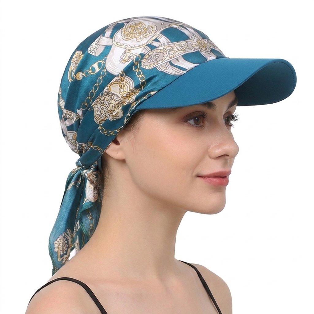 Women Fashion Printed Satin Headscarf Hat with Brim Sun Hats Summer Soft Breathable Headscarf Caps Baseball Cap