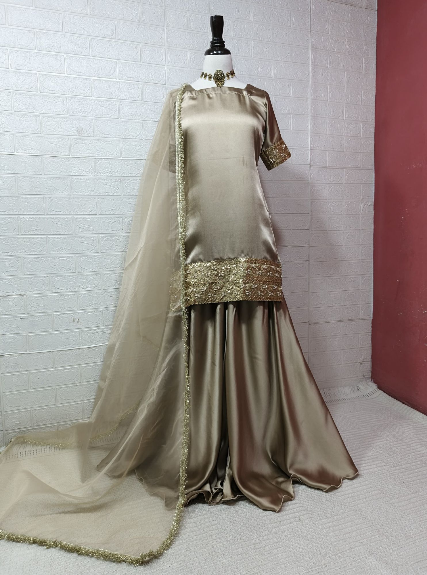 trending sharara shirt fashion style on Russian silk fancy collection on 3 piece suit for girls
