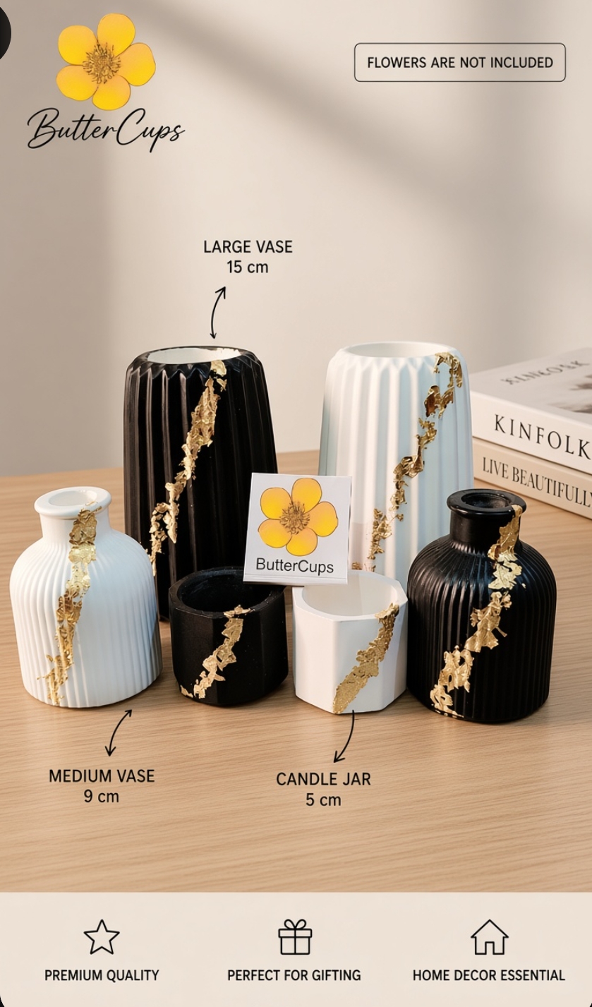 Beautiful Ceramic Vases | Pack of 6 | Black and White with Gold leaves | Size 15cm , 10cm , 5cm