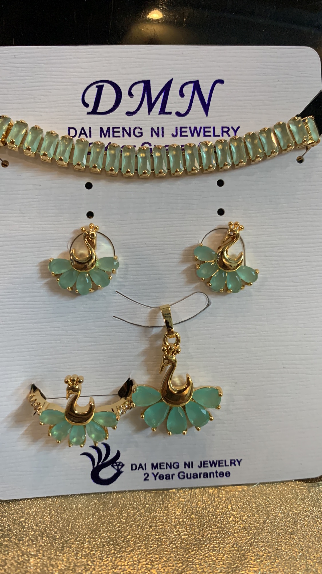 4 pic set in see green colour zarcon bracelet necklace earrings and ring