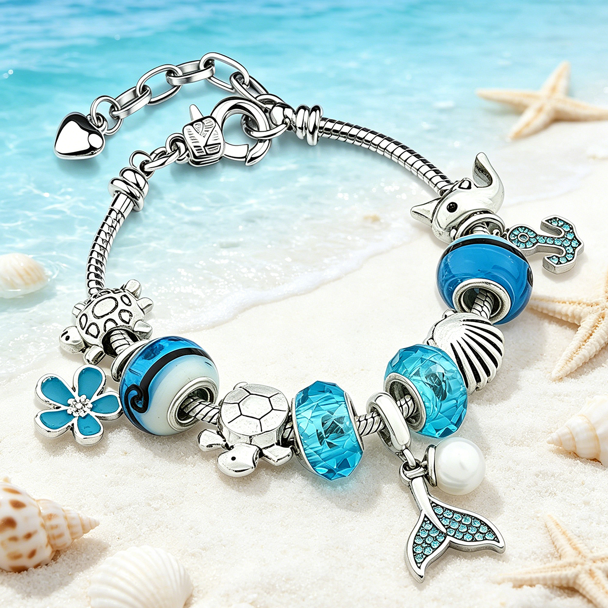 Ocean Style Mermaid Tail Pendant Charm Bracelet Blue Crystal Flower Anchor Turtle Bead Snake Chain Adjustable Jewelry for 
