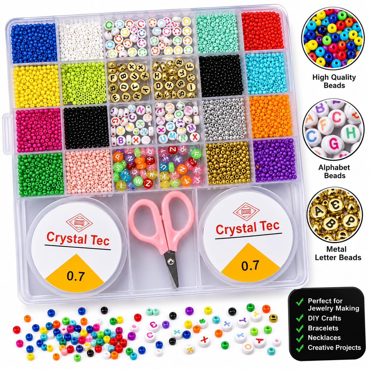 DIY Jewelry Making Beads Kit with Organizer Box | Colorful Seed Beads, Alphabet & Letter Beads with Scissors | Bracelet Necklace Making Craft Kit