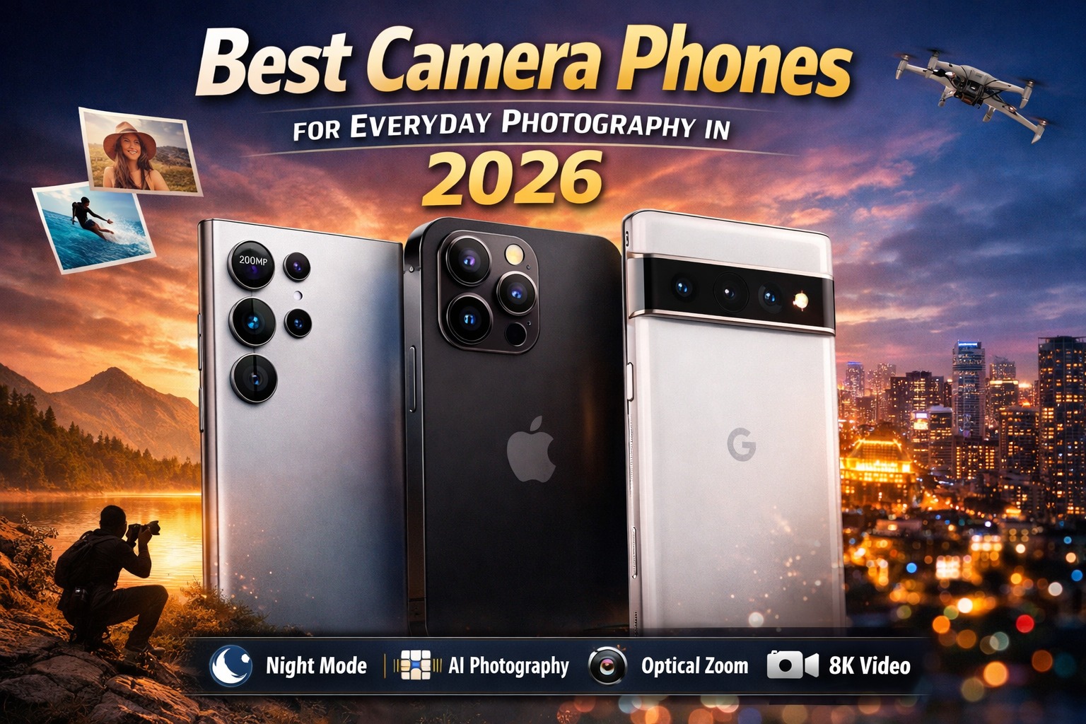 Best camera smartphones for everyday photography in 2026 including Samsung Galaxy, iPhone and Google Pixel with AI photography and night mode features