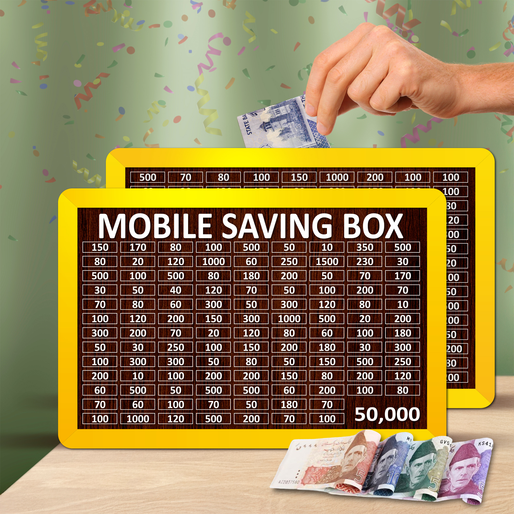 50,000 PKR Target Wooden Money Box with Daily Savings Tracker