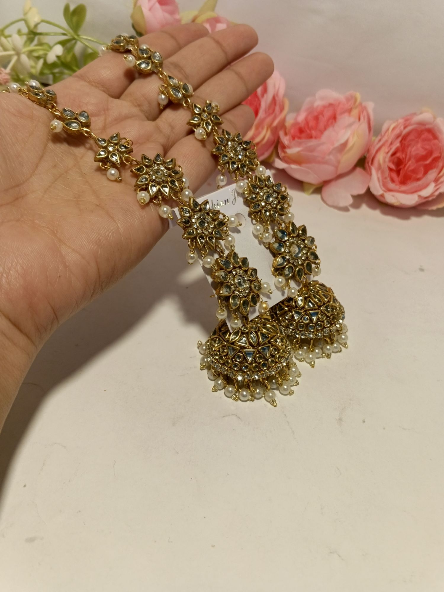 Kundan jhumka with sahara, Drop Earrings for Women, golden round jhumka, Bridal jewellery, pearl earrings, hanging dangle earrings, Girls Fashion, handmade jewellery