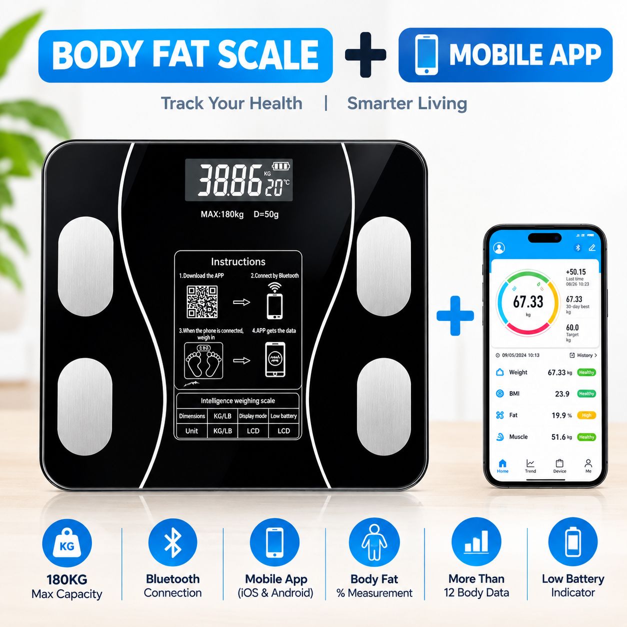 DENOVO MART Tempered Glass Electronic Digital Body Weight Scale, Bathroom Scale 180 KG with LCD Display Weight Machine Denovo Mart
