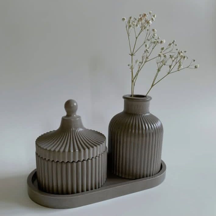 3 Pcs Set of Home Decor  1x Ribbed Concrete Mini Flower Vase, 1x Ribbed Concrete Trinket Jewellery Storage Box & 1x Oval Shaped Concrete Trinket Tray  Storage & Organisation  Decorative Accents  Jewellery Armoires & Boxes  Gift Sets