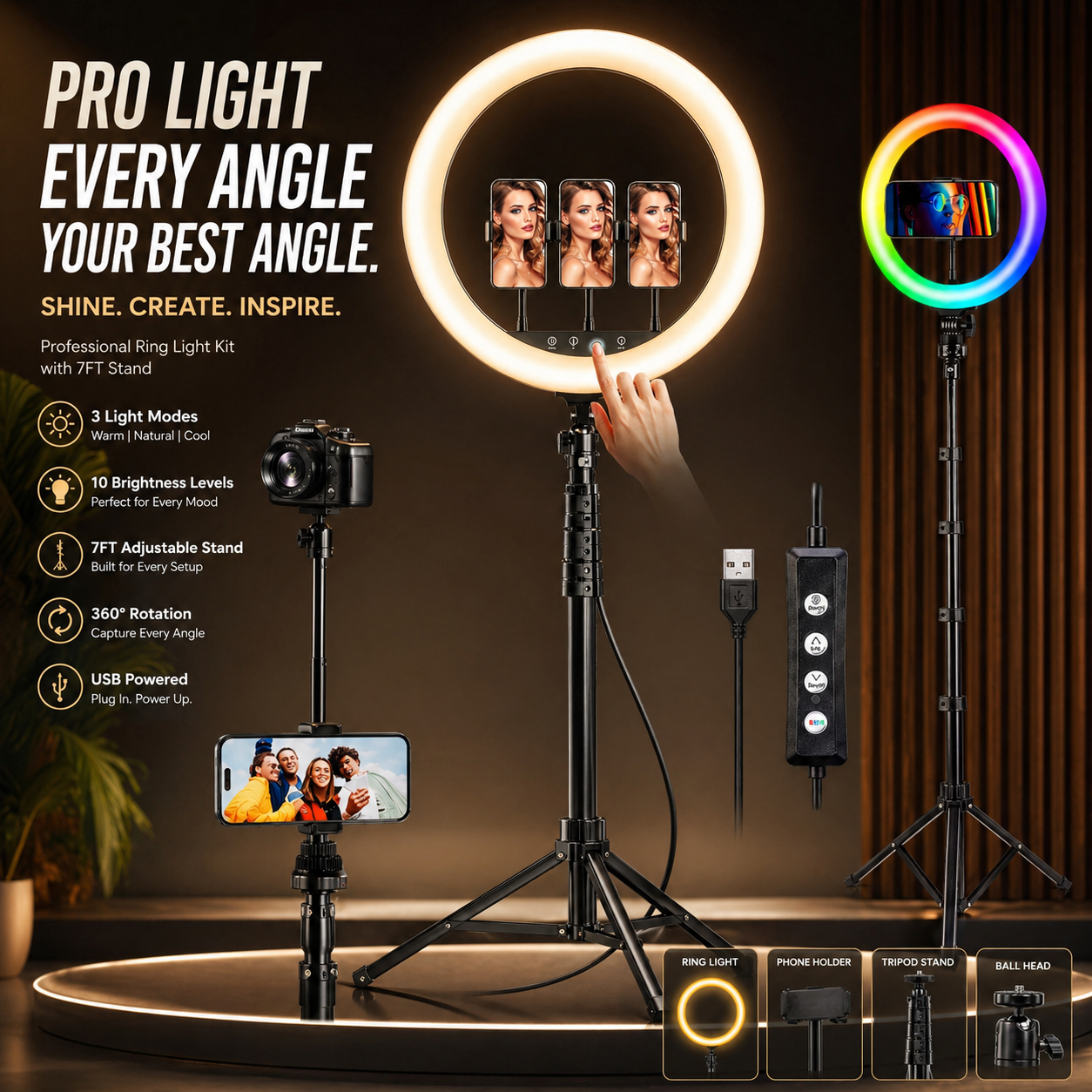 26cm LED Selfie Ring Light with 7ft Tripod Stand & Phone Holder - photo 1