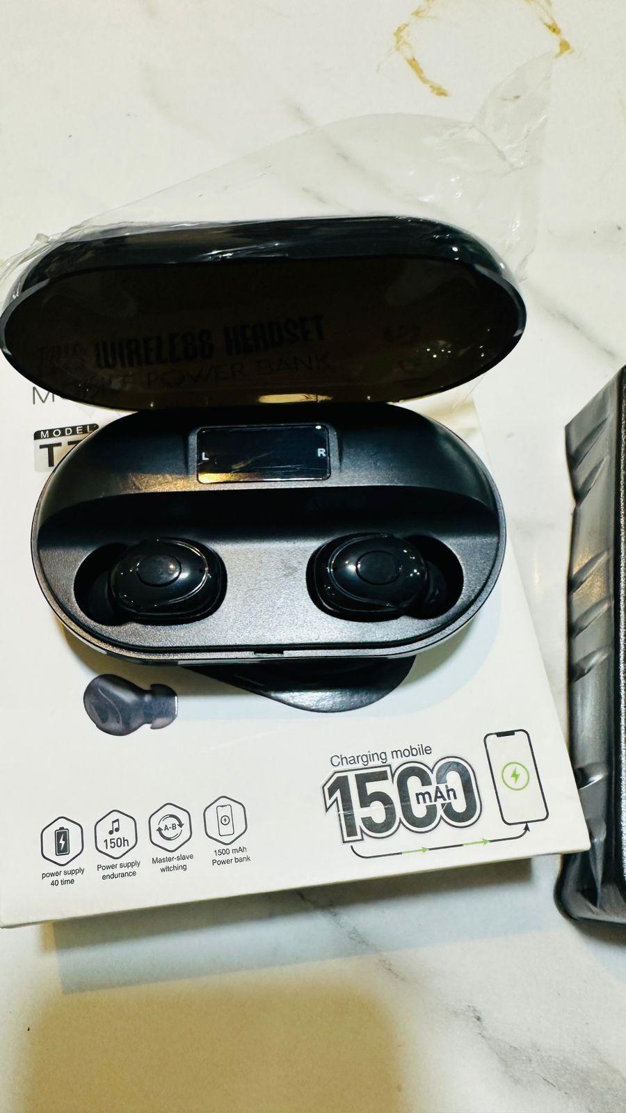 Tws wireless earbuds with mobile power bank|1500Mah power bank with Led Display Bluetooth Headset