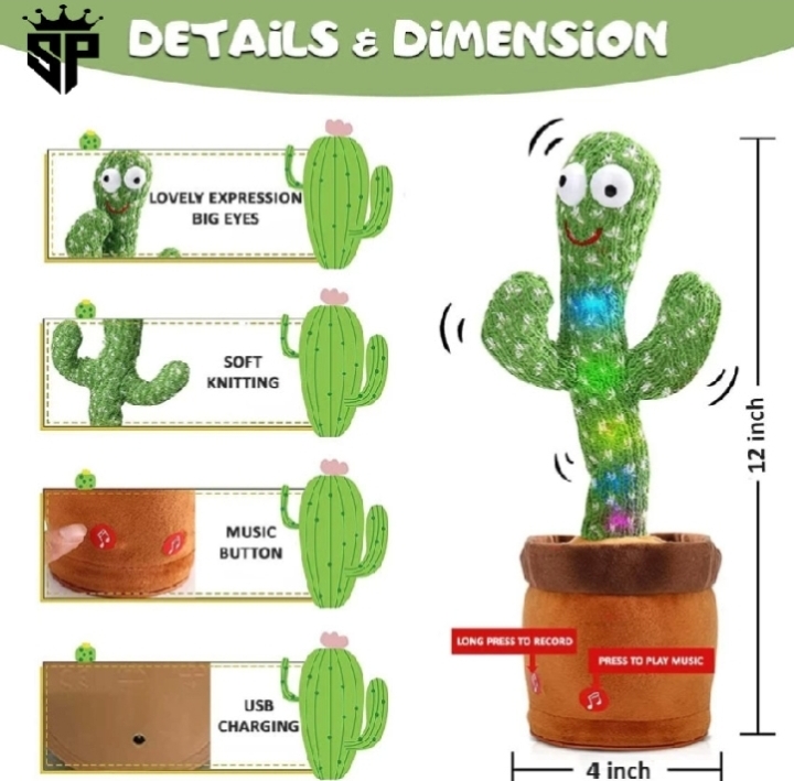 CITY toy Shop Dancing Cactus Toy with Recording - Rechargable /Cell Operated Plush Funny Electronic Shaking  Singing Dancing Cactus by Bunyad Twisting Cactus Cute Plush Toy Education Toy Plush Toy with Songs for Children Playing Birthday Gift Kids Toys