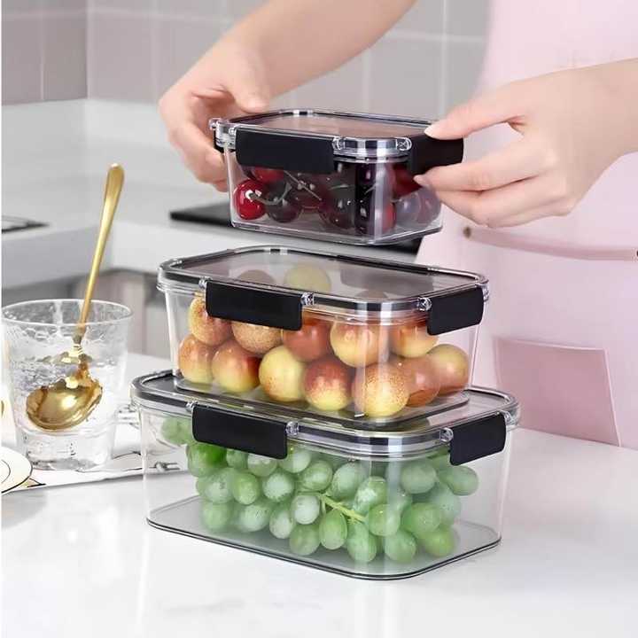 3 Pcs Acrylic Food Container Set | Airtight Food Storage Boxes | Kitchen Storage Containers | Transparent Pantry & Refrigerator Organizer