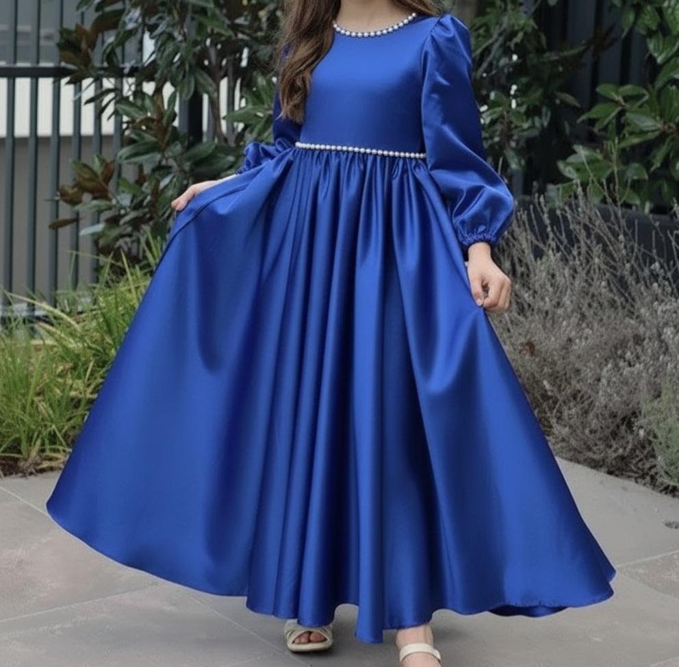 Pearl Beaded Lantern Sleeve Maxi Dress For Girls