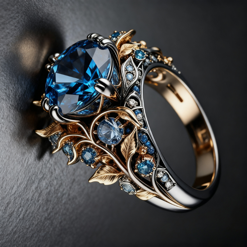 Gold Color Leaf Shaped Inlaid Blue Synthetic Zirconia Ring Suitable for Women's Banquets Engagements Jewelry Accessories 