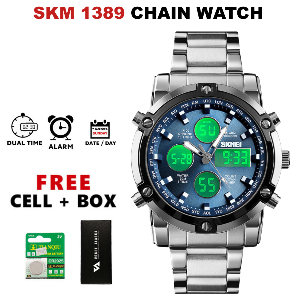 SMK 1389 Dual Time Analog and Digital Chain Watch for Men with Stainless Steel Case Date Day Alarm Stopwatch Luminous Hands LED Light and Waterproof Design