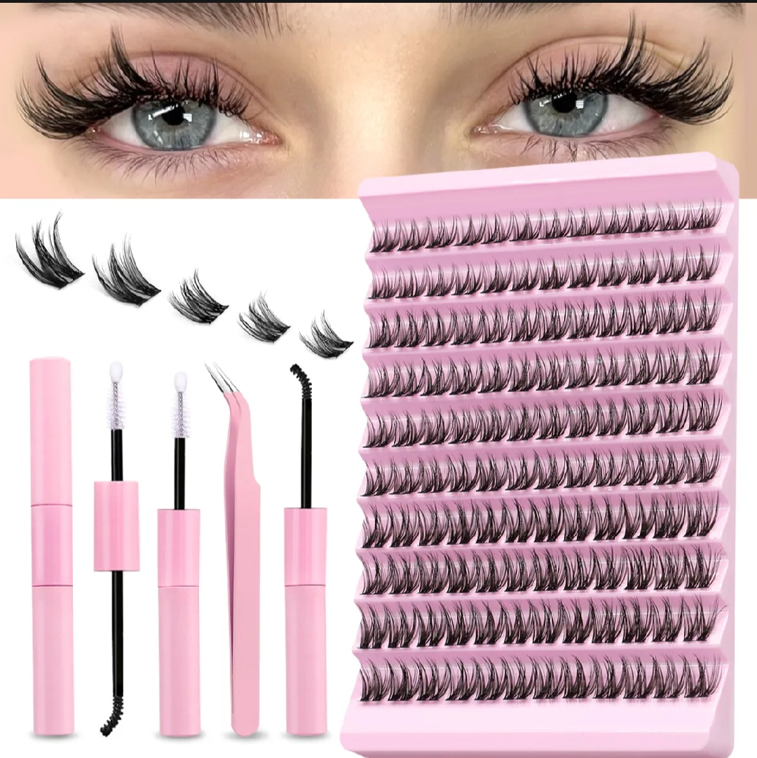 DIY Eyelash Extension kit,Lash Cluster kit waterproof Strong Hold Eyelash Bond, Eyelash Remover and Tweezer (200 Clusters).