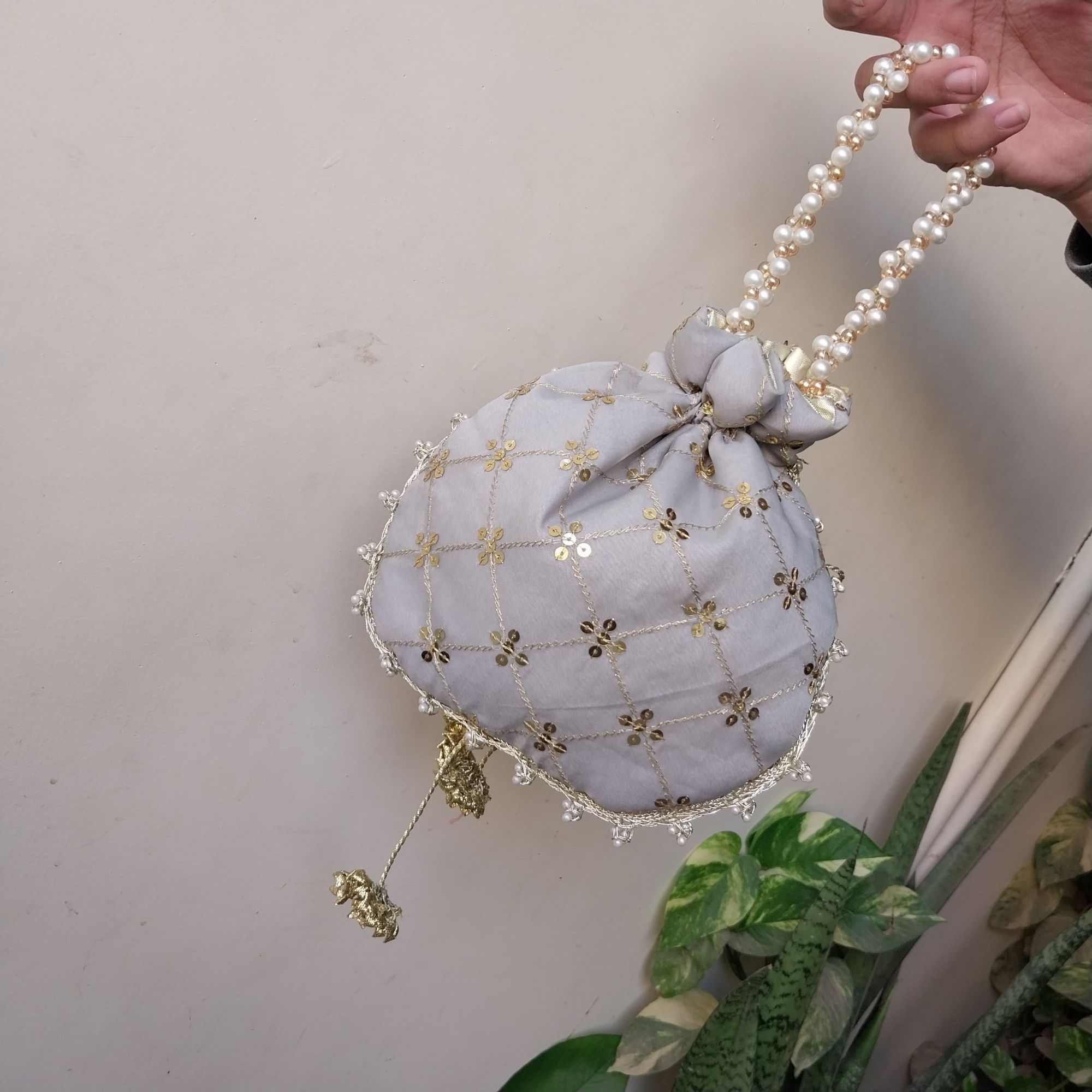 Embroidered Potli Clutch Bag with Pearl Handle for Party Wear