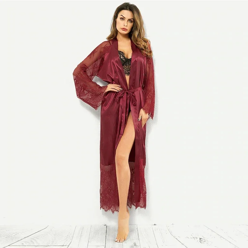 Sleepwear Women's Bathrobe  Lingerie Lace Satin Kimono Sleep Long Dress Robes Pajamas Nightgown night dress for girls