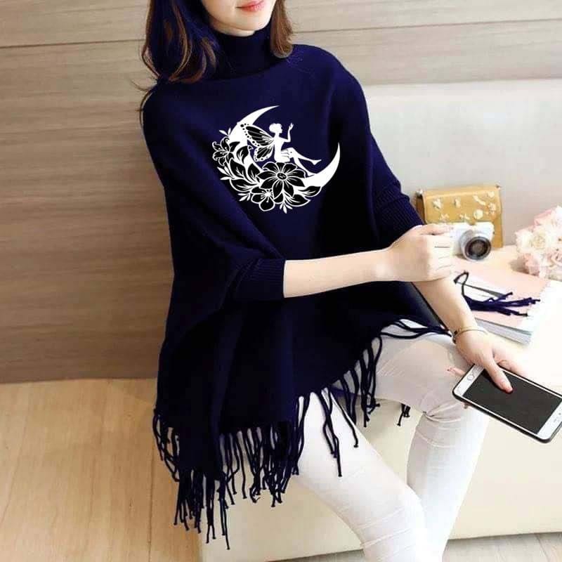 New Women's Bat-Wing Style Printed Fleece Poncho