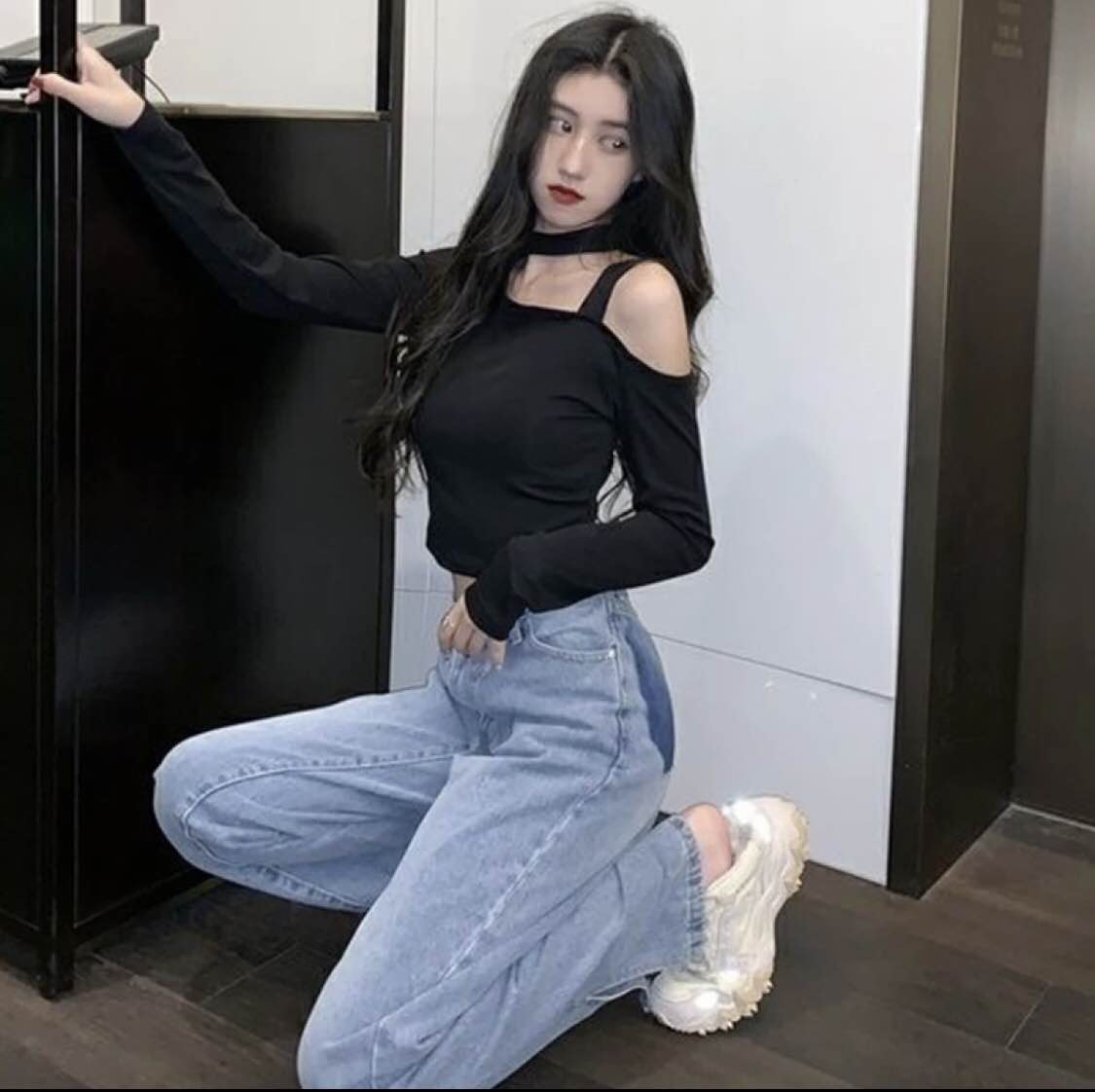 women's korean style short off shoulder shirt cotton shirt for womens and girls long sleeve top