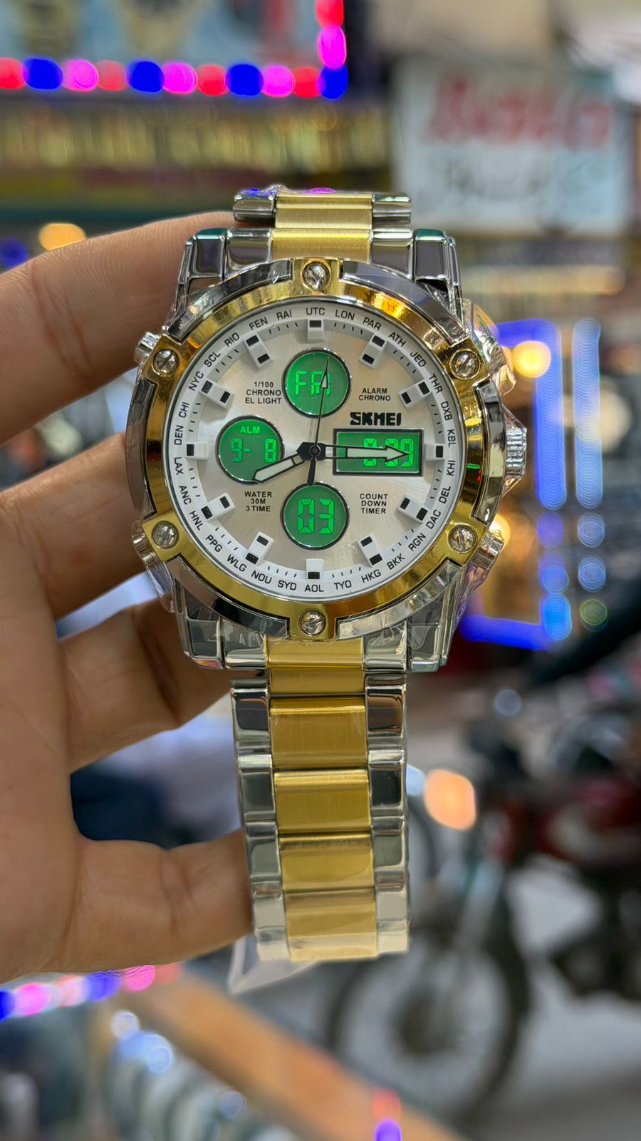 SMK 1389 Dual Time Luxury Sports Digital Analog Men's Watch, Premium Gold Silver Stainless Steel Bracelet, Multifunction Chronograph Style Dial, LED Display, Alarm, Countdown Timer, 30M Water Resistant, Stylish Casual Wristwatch for Men, Everyday Wear