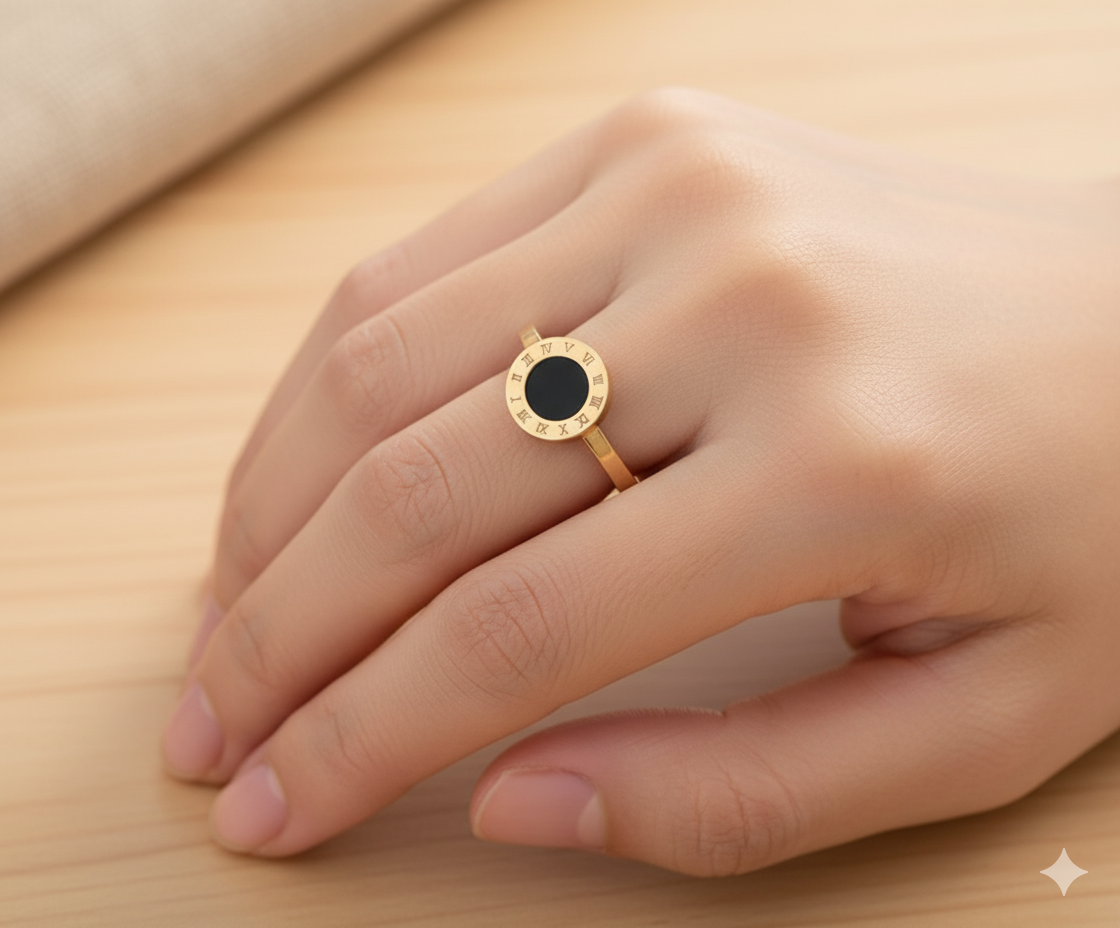 Trendy Black And White Center Roman Design Golden color Adjustable Ring for Women – Stylish Fashion Jewelry