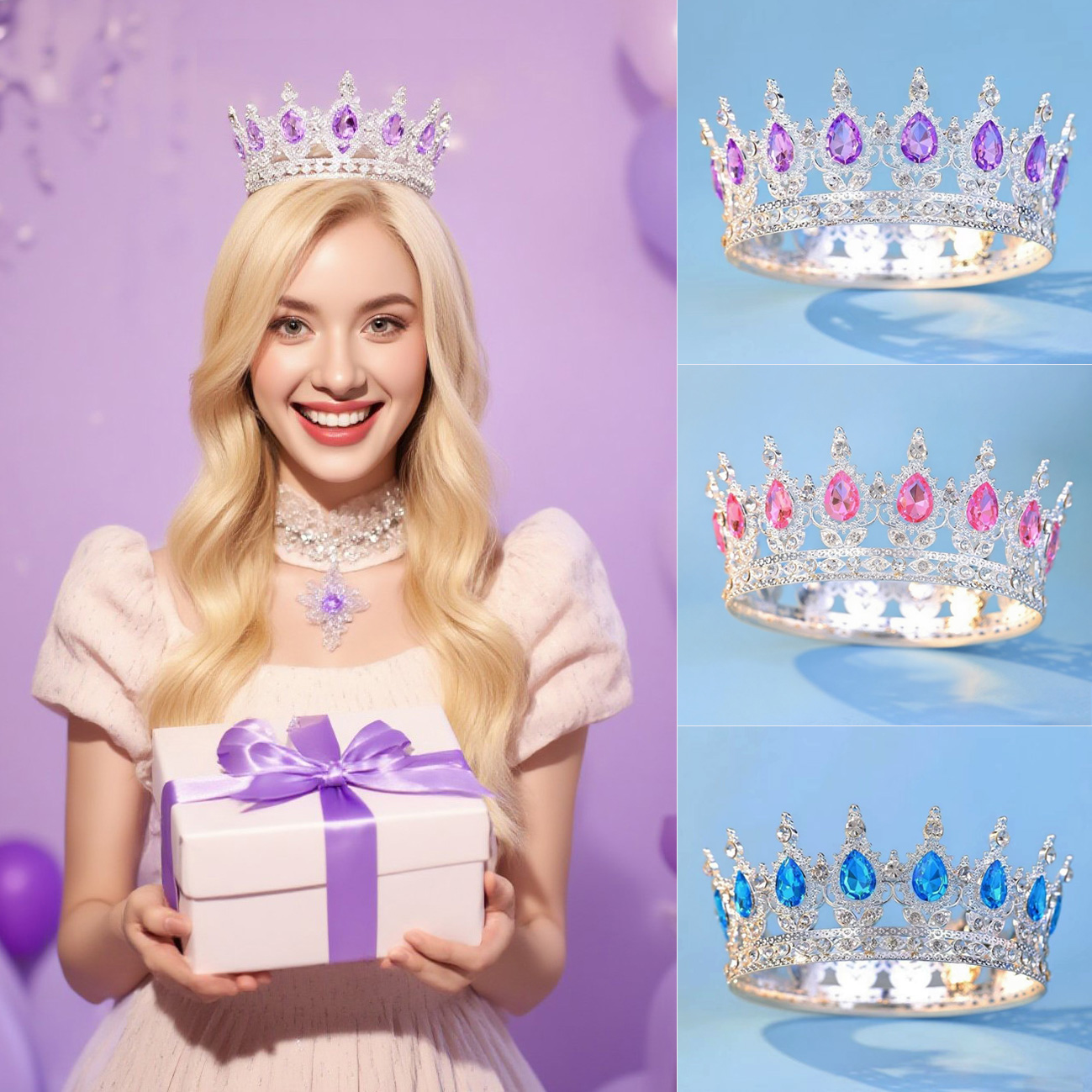 Round silver luxury crystal crown, suitable for birthday parties, cake accessories, flower accessories, holiday 