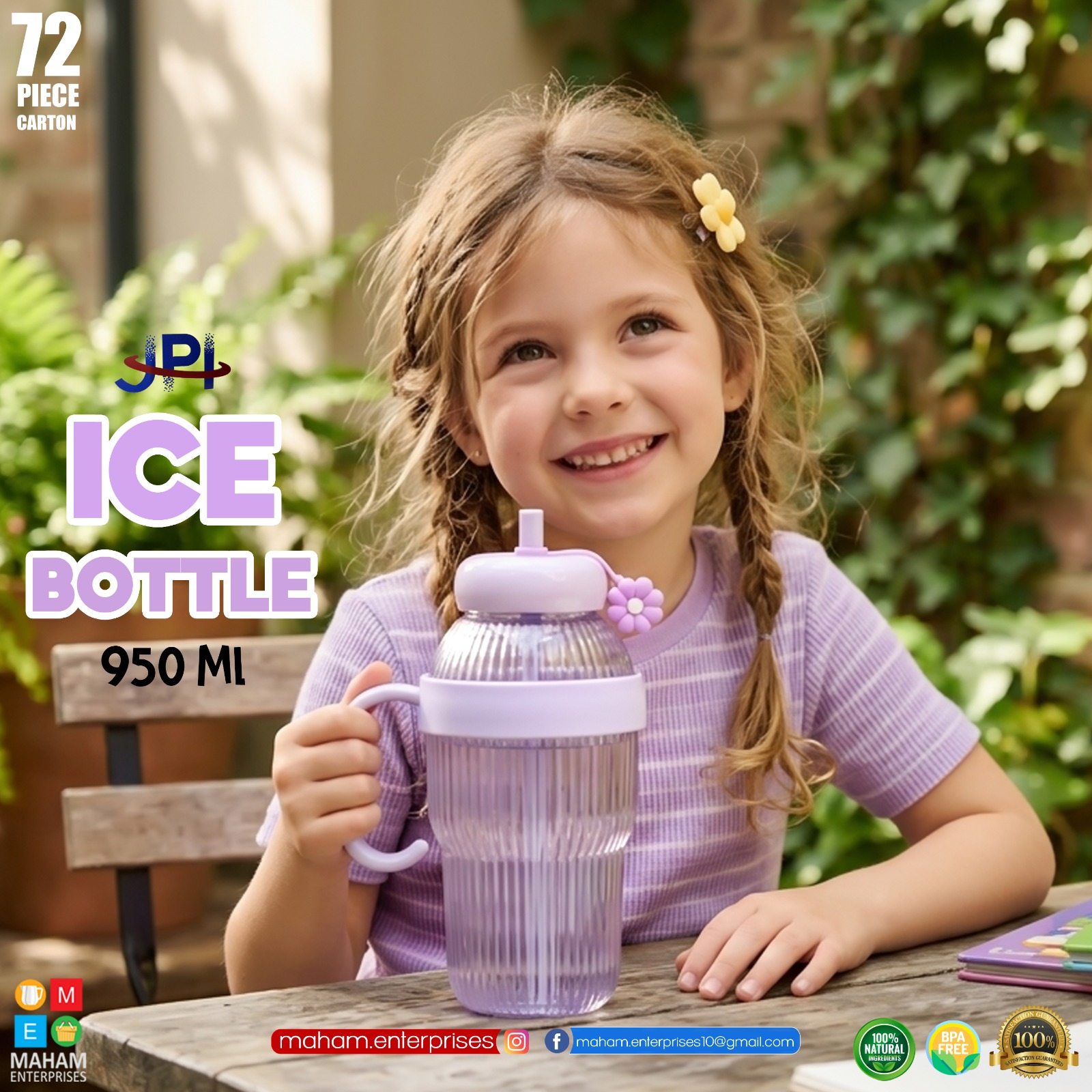 Kids Ice Water Bottle 950ml / Straw Cup with Handle / Leakproof BPA Free Drinking Bottle for School & Travel