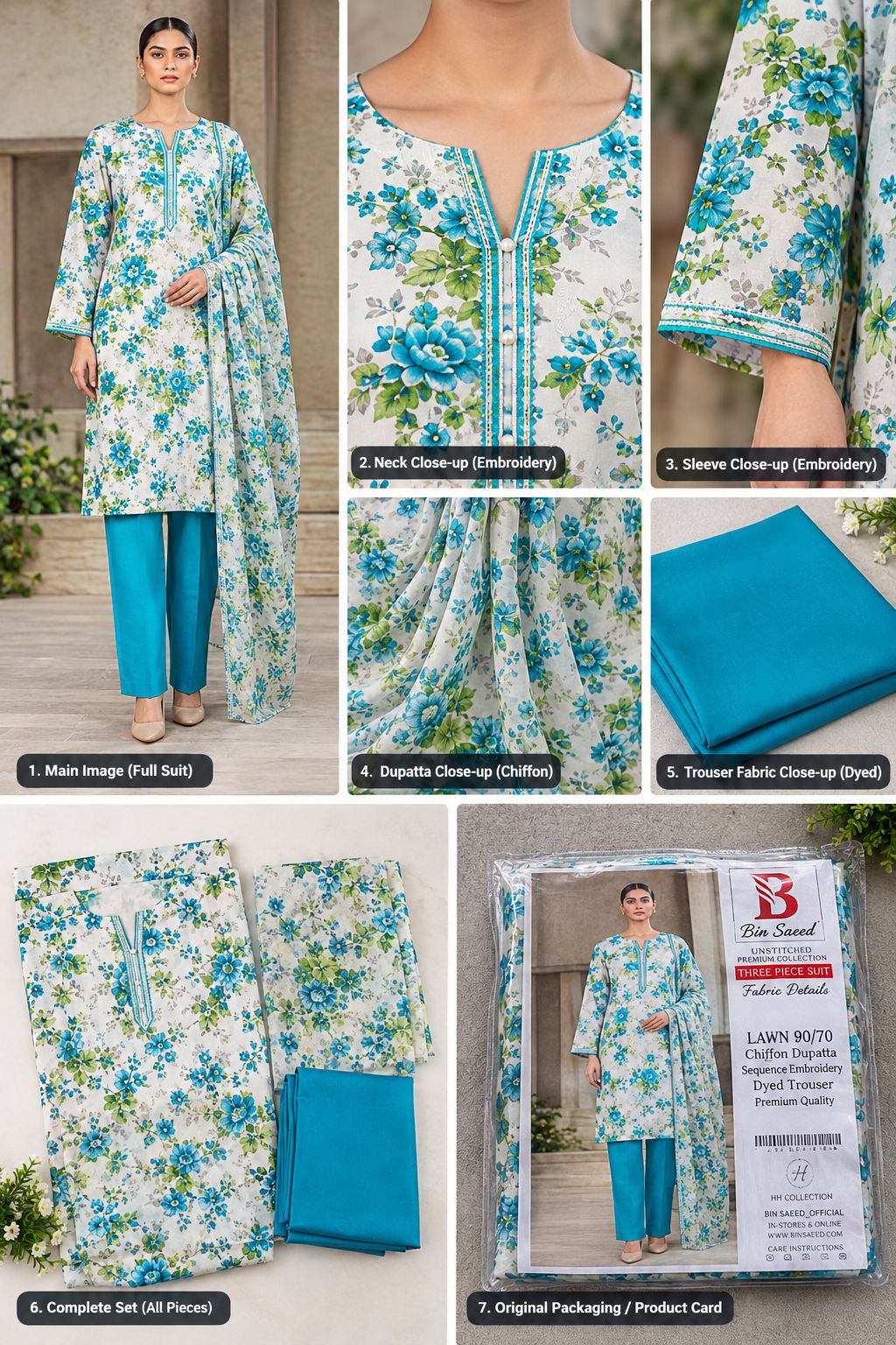 Bin Saeed Unstitched Lawn 3 Piece Suit - Printed Shirt with Embroidered Neck, Chiffon Dupatta & Dyed Trouser