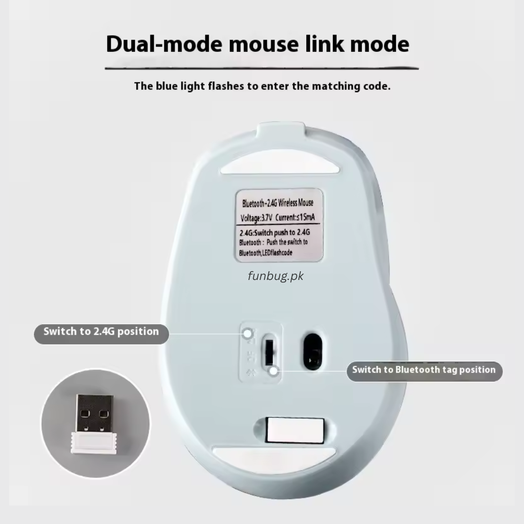 【Premium】 Rechargeable Dual Mode Wireless Mouse (Bluetooth + 2.4G) for Laptop, PC, Smart TV Gaming & Office ~ Ergonomic Lightweight Design Mice with Silent Click Buttons & 1600 DPI Control | FunBug